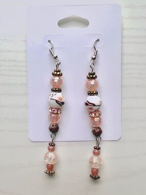 Pink & White Artisan Beaded Drop Earrings